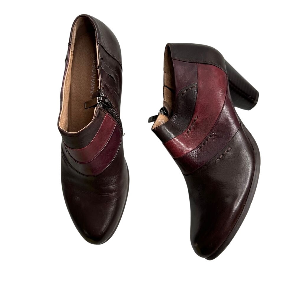 Salamander Brown Burgundy Leather Colorblock Ankle Boots Side Zip Heel 38 boho